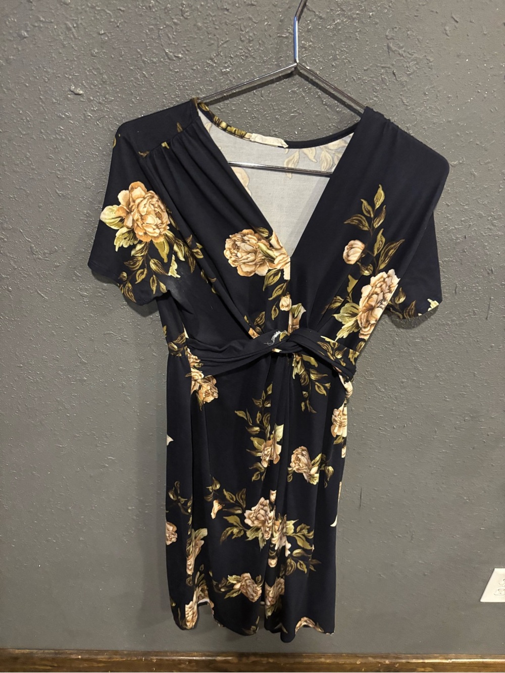 Reborn Black Midi Wrap Dress with Cream Floral Print